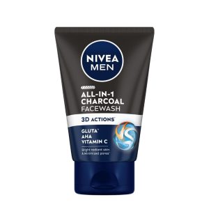 NIVEA MEN All in 1 Charcoal Face Wash | Natural Charcoal, Gluta, AHA & Vitamin C | Helps Reduce the Appearance of Tan | Removes Excess Oil and Minimizes Pores | For Bright Radiant Skin | 100g