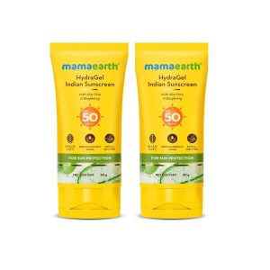 Mamaearth Hydragel Indian Sunscreen With Aloe Vera And Raspberry For Sun Protection | SPF 50 & PA++++ Protection | Shields From UVA & UVB Rays | Tan Protection All Skin | Non-Sticky&Light | 50 G X 2