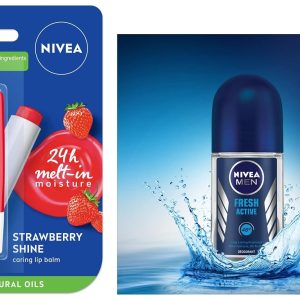 Nivea Fresh Active Roll On For Men, Anti-Perspirant, 50 Ml & Lip Balm, Fruity Strawberry Shine, 4.8G