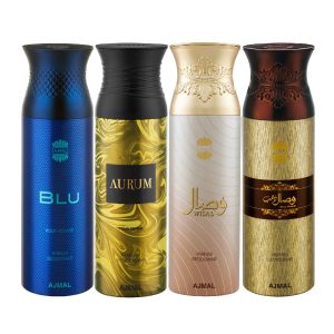 Ajmal Blu & Aurum & Wisal & Wisal Dhahab Deodorant Spray- For Men (200 ml, Pack of 4) + 2 Perfume Testers
