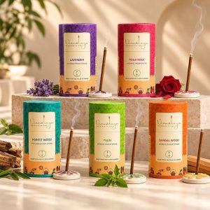 Nirmalaya Premium Tulsi, Rose, Sandalwood, Lavender, ForestWood Bambooless Dhoop Sticks (200 Sticks) with Ceramic Stand | Pack of 5 | 100% Charcoal-Free | for Pooja & Home Fragrance