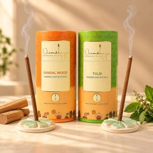 Nirmalaya Organic Sandalwood & Tulsi (80 Sticks) with Ceramic Stand | Sacred Temple Flower | 100% Natural & Charcoal-Free | 25 Min Burn Time for Pooja, Meditation & Home Fragrance
