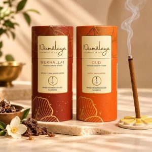 Nirmalaya Premium Oudh & Mukhallat Bambooless Dhoop Sticks (80 Sticks) with Ceramic Stand Sacred Temple Flower | 100% Charcoal-Free | for Pooja, Meditation, Yoga & Home Fragrance