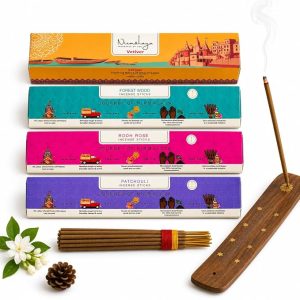 Nirmalaya Premium Natural Incense Sticks Variety Pack of 4 | 100% Charcoal-Free | Rooh Rose, Patchouli, Vetiver/Khus, Forest Wood | 40 Sticks Each | Long-Lasting Fragrance for Home & Office Puja