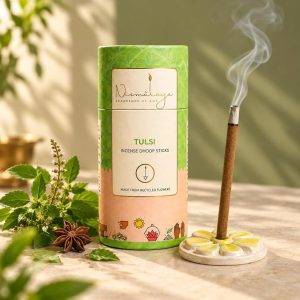 Nirmalaya Premium Tulsi Bambooless Dhoop Sticks (40 Sticks) with Ceramic Stand Sacred Temple Flower | 100% Charcoal-Free | for Pooja, Meditation, Yoga & Home Fragrance
