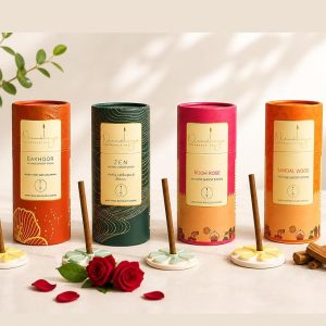 Nirmalaya Premium Rooh Rose, Zen, Sandalwood, Bakhoor Bambooless Dhoop Sticks (160 Sticks) with Ceramic Stand | Pack of 4 | 100% Charcoal-Free | for Pooja, Meditation, Yoga & Home Fragrance