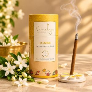 Nirmalaya Premium Jasmine Bambooless Dhoop Sticks (40 Sticks) with Ceramic Stand Sacred Temple Flower | 100% Charcoal-Free | for Pooja, Meditation, Yoga & Home Fragrance