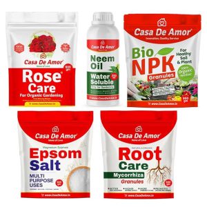 Casa De Amor Rose Care (900gm) | Water Soluble Neem Oil 250 ml | Bio NPK Granules 900 gm | Epsom Salt 900 gm | Root Care Mycorrhiza 900 gm for Organic Gardening Combo (1 Pack of 5 Items)