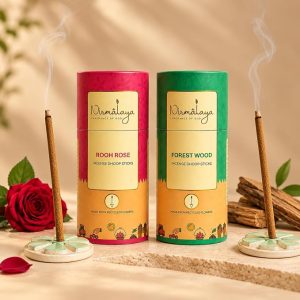Nirmalaya Premium Rose & Forestwood Bambooless Dhoop Sticks (80 Sticks) with Ceramic Stand Sacred Temple Flower | 100% Charcoal-Free | for Pooja, Meditation, Yoga & Home Fragrance