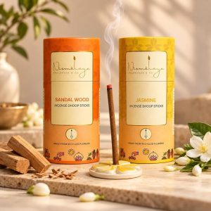 Nirmalaya Premium Confidence Pack (Set of 2) Sandalwood & Jasmine Dhoop Sticks | 100% Natural Organic | 80 Sticks with Ceramic Stand | Long-Lasting Fragrance for Pooja, Meditation & Yoga